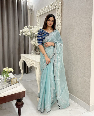 RUPAL CREATION Embroidered Handloom Silk Blend Saree(Light Blue)