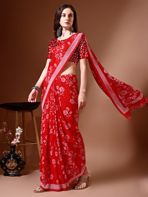 Leelavati Printed Daily Wear Chiffon Saree(Red, White)
