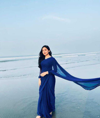 kashvi sarees Solid/Plain Bollywood Georgette Saree(Blue)