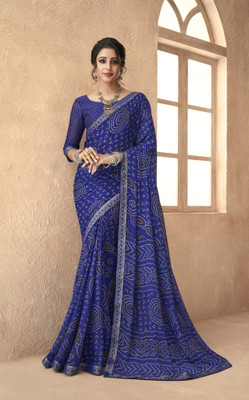 Divastri Floral Print, Geometric Print, Digital Print, Printed Bandhani Chiffon Saree(Blue)