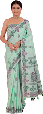 NEGRONI Printed Daily Wear Linen Saree(Green)