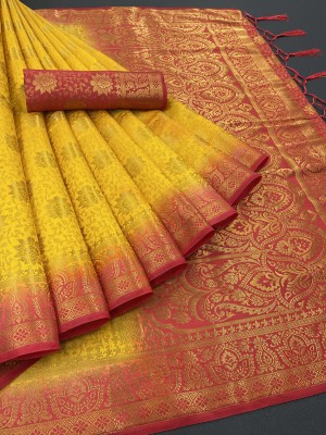 Rupatika Woven Kanjivaram Pure Silk, Cotton Silk Saree(Red, Yellow)