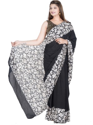 COTTON RK FABRICO WORD Printed, Blocked Printed, Hand Painted Ikkat Pure Cotton Saree(Black, White)