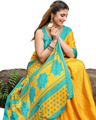 Priyashi Printed Bollywood Tussar Silk Saree(Yellow, Blue)
