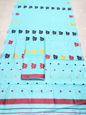 AREEVANZ Self Design Mekhela Chador Cotton Blend Saree(Light Blue)