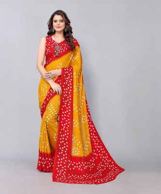 KUMBHARI Printed, Self Design Bandhani Chiffon, Silk Blend Saree(Yellow)