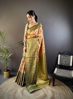 HAMOFY Woven Kanjivaram Tissue, Silk Blend Saree(Orange)