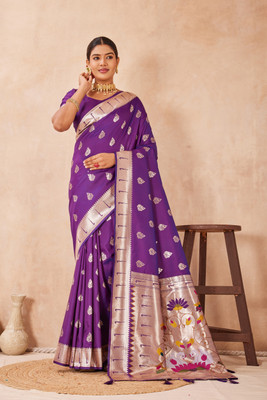 Heirlooms Printed Paithani Pure Silk Saree(Purple)