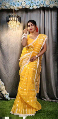 Happy Creation Embroidered Jamdani Handloom Cotton Blend Saree(Yellow)