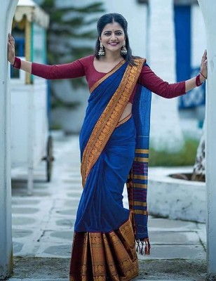 AVANTIKA FASHION Printed, Temple Border, Woven, Embellished, Solid/Plain Banarasi Art Silk, Cotton Silk Saree(Red, Blue)