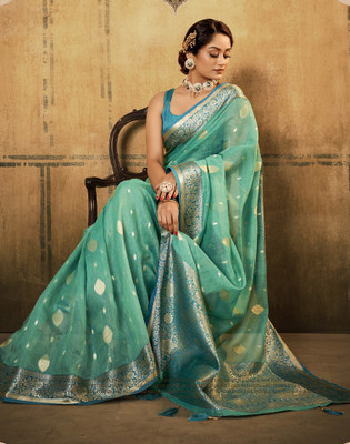 Satrani Self Design, Woven, Embellished Banarasi Cotton Silk, Silk Blend Saree(Blue, Multicolor)