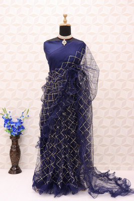 KRISHNACOLLECTION9 Self Design, Embroidered, Solid/Plain, Embellished, Temple Border Daily Wear Net Saree(Dark Blue, Blue)