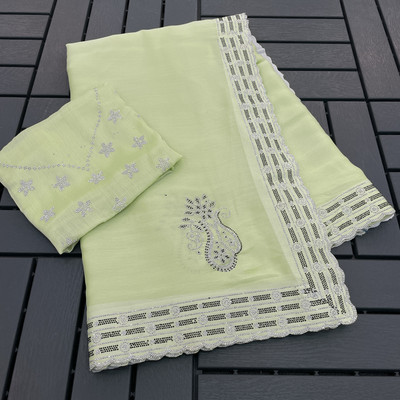 VarniRaaj Fashion Embellished, Applique Bollywood Pure Silk Saree(Light Green)