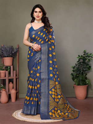 Moda Rapido Printed Bollywood Cotton Blend Saree(Light Blue, Yellow)