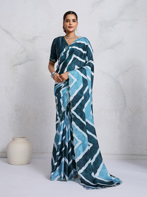 RekhaManiyar Printed Saree with Attached Blouse Satin Saree(Blue)