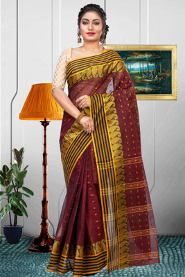 DipDiya Self Design, Striped Tant Pure Cotton Saree(Brown)