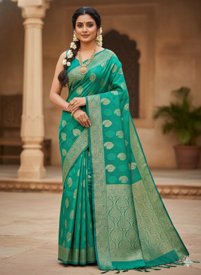 hkCreation Floral Print, Self Design Banarasi Silk Blend Saree(Green)