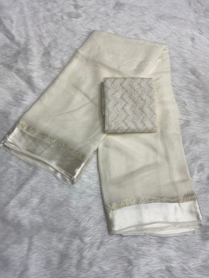 V And V Shop Solid/Plain Bollywood Viscose Rayon Saree(White)