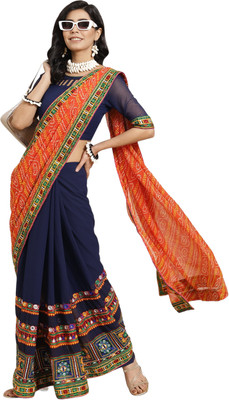 SERONA FABRICS Self Design, Embroidered, Printed Bandhani Georgette Saree(Blue, Orange)