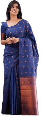 JesoriSaree Embellished, Printed, Woven, Striped Kanjivaram Pure Silk, Art Silk Saree(Blue)