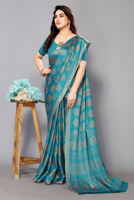 FABMORA Printed, Blocked Printed Daily Wear Chiffon, Georgette Saree(Blue)