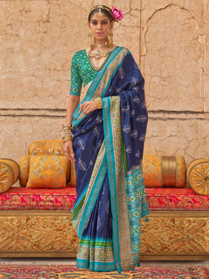 ANOUK Woven Patola Silk Blend Saree(Dark Blue)