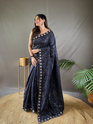 SGF11 Self Design Handloom Silk Blend Saree(Blue)