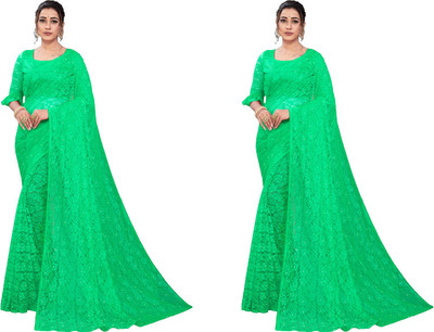Fashion Field Self Design Bollywood Net Saree(Pack of 2, Light Green)