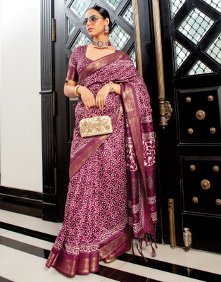 Samah Printed, Self Design, Embellished Patola Cotton Silk Saree(Purple)
