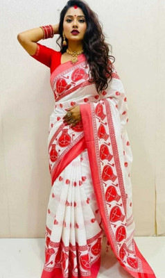 Tilfelle Woven Tant Cotton Blend Saree(White, Red)