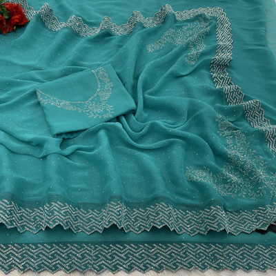 Jennyfab Embellished, Geometric Print Bollywood Organza Saree(Light Blue)