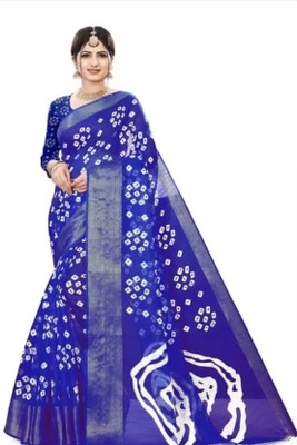 siddharth textiles Printed Bandhani Cotton Blend Saree(Blue)