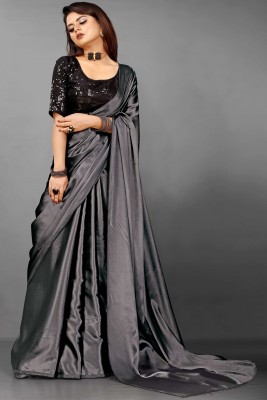 Rashiklal & Co. Solid/Plain Bollywood Crepe, Satin Saree(Grey)