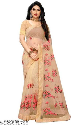 TANVI DESIGNER Embroidered Bollywood Net Saree(Beige)