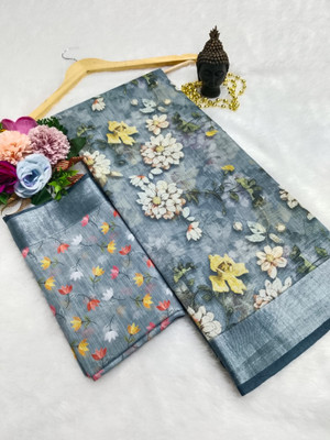 ASHTA Geometric Print Kanjivaram Linen Saree(Grey)