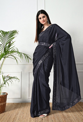 Pionex Solid/Plain Bollywood Chiffon, Silk Blend Saree(Black)