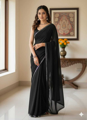JB CREATION Self Design, Embellished, Solid/Plain Bollywood Georgette Saree(Black)
