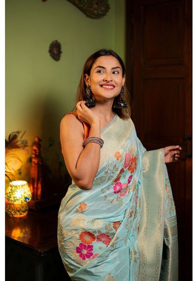 MAHADEV DESIGN Floral Print, Woven Banarasi Jacquard Saree(Light Blue)