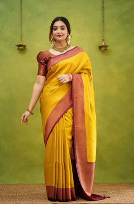 Handsel Woven Banarasi Jacquard, Silk Blend Saree(Mustard)