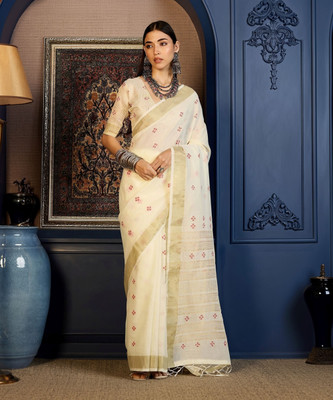 Vichitra Woven, Self Design Handloom Pure Cotton, Jacquard Saree(White)