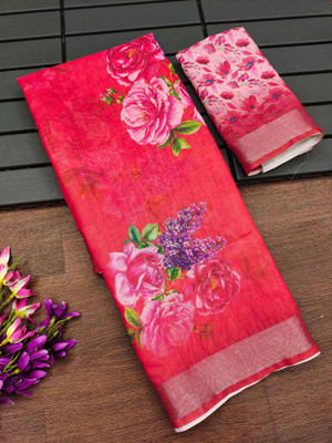 Myraani Floral Print Daily Wear Cotton Linen Saree(Red)