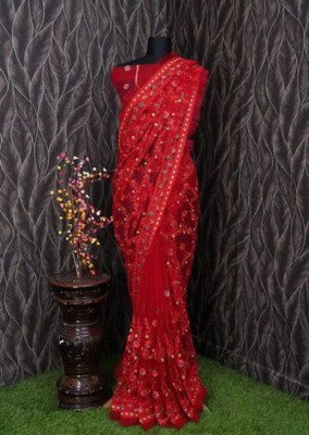 NIYANTAKSH Embroidered Bollywood Net Saree(Red)
