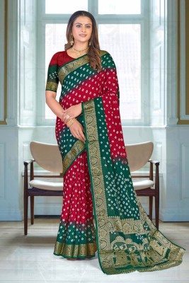 Rudra Fab Self Design Bandhani Pure Silk Saree(Red, Green)