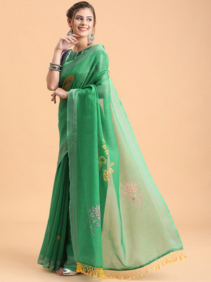 Sangria Woven Daily Wear Linen Saree(Green)