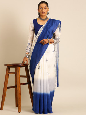 Taavi Blocked Printed Chanderi Cotton Silk Saree(Dark Blue)