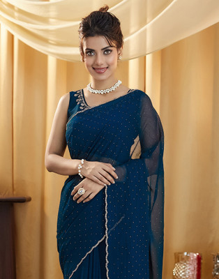 Satrani Embellished, Self Design Bollywood Georgette Saree(Blue)