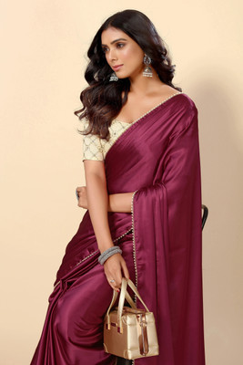 AVANSHEE Self Design, Solid/Plain, Embellished Bollywood Satin Saree(Maroon)