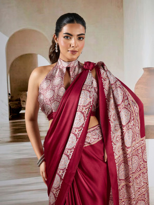 MM VENTURE Printed Bollywood Crepe, Satin Saree(Maroon)