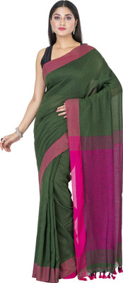SAYAN CREATION Self Design Handloom Pure Cotton Saree(Dark Green, Pink)