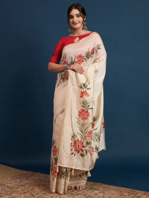 Sangria Printed Bollywood Tussar Silk Saree(Cream)